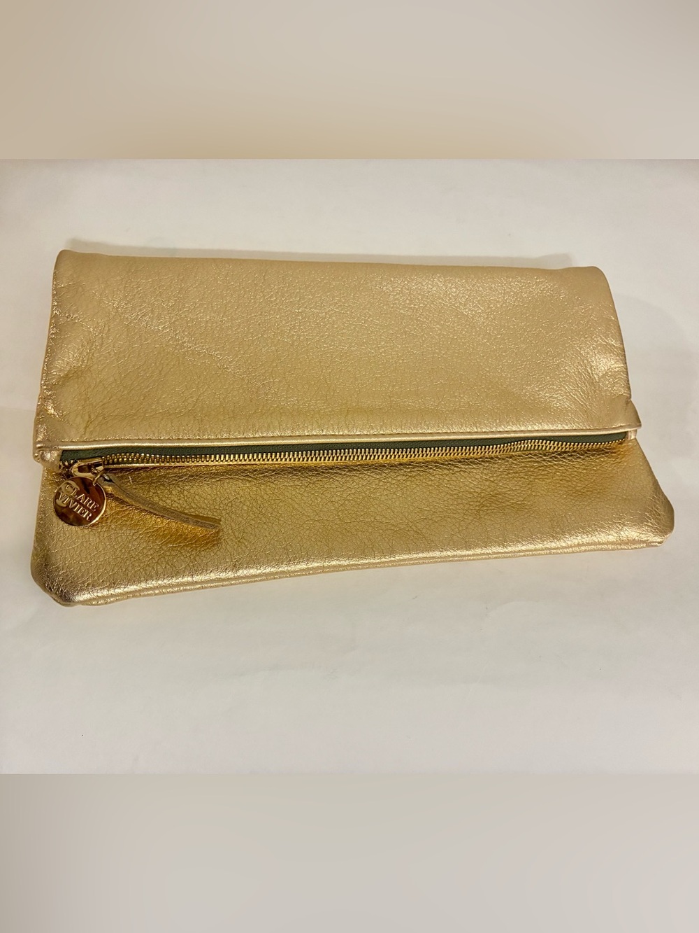 CLARE V Gold Metallic Foldover Zip Clutch Bag EUC